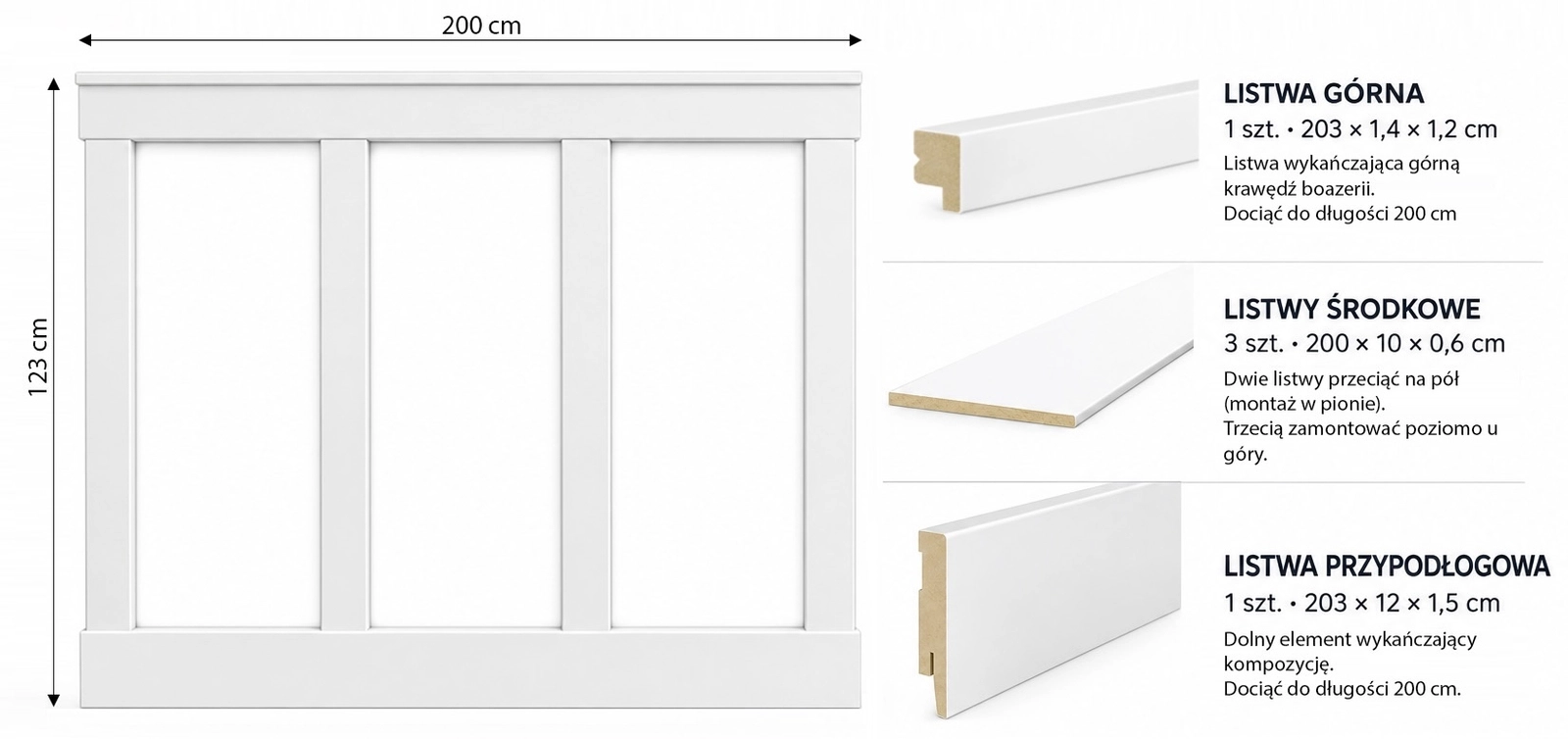 Boazeria ścienna FRAME do malowania - długość 200 cm, wysokość 123 cm + Farba szary RAL7047
