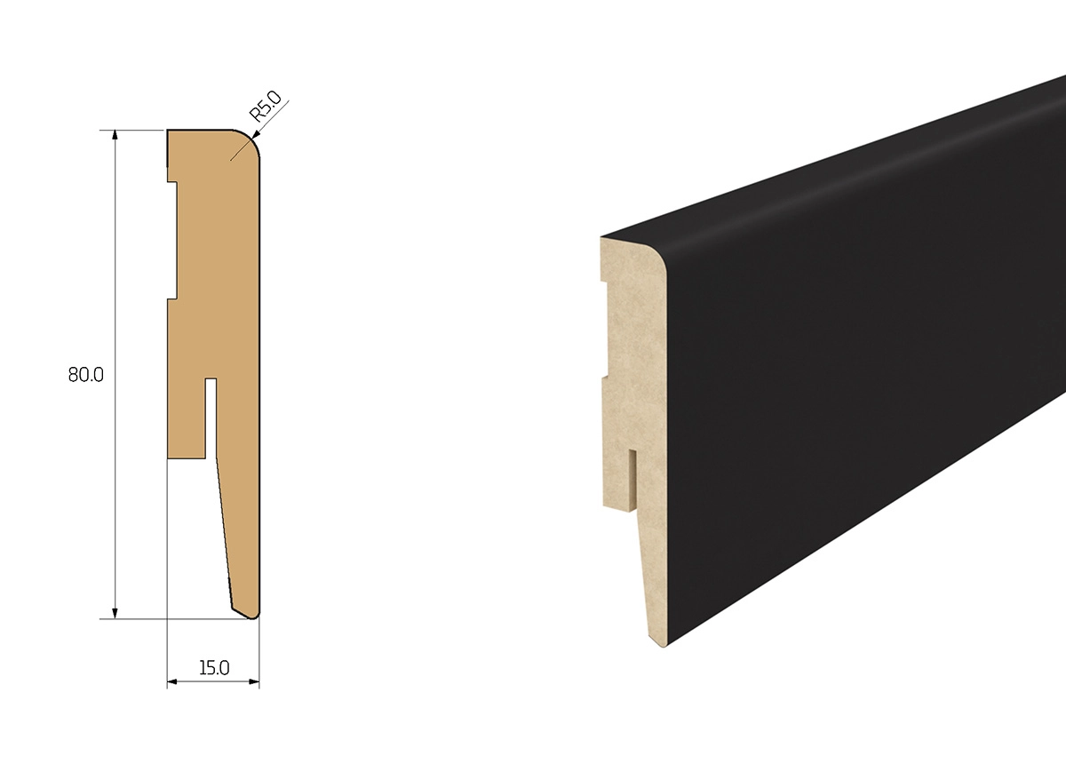 PRÓBKA 20 CM - Listwa przypodłogowa MDF TRIO R5, Czarny Mat, 8cm