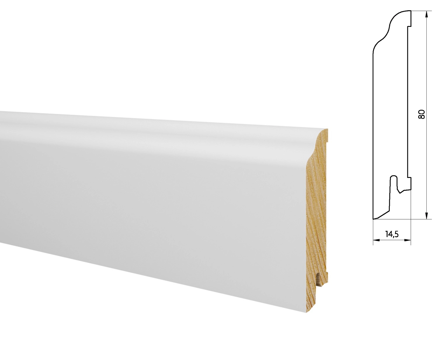 Drewniana listwa przypodłogowa świerkowa Premium – biała, powłoka Polyblend, 8 cm
