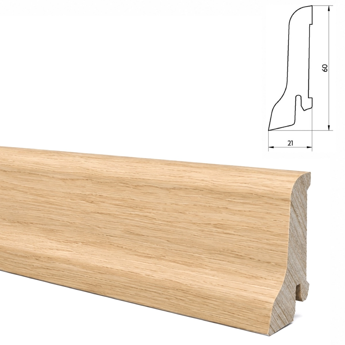 Listwa przypodłogowa drewniana do malowania, dąb europejski surowy, 60x21 mm