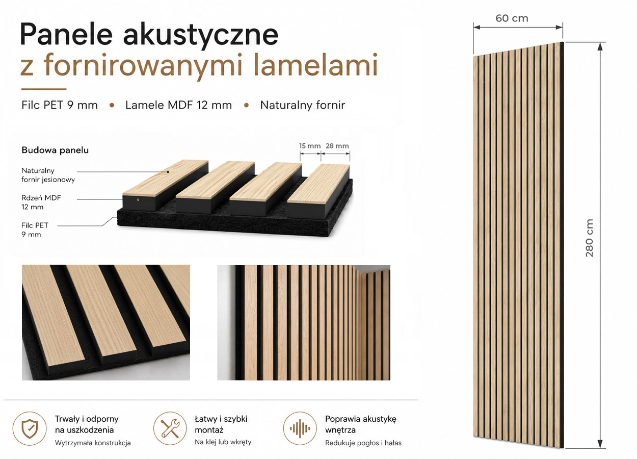 Lamele Fornirowane na filcu akustycznym - Jesion 60 x 280 cm