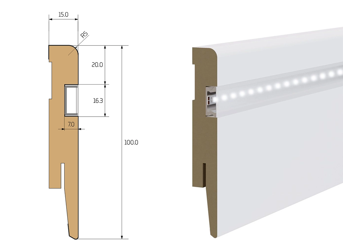 Listwa przypodłogowa MDF przygotowana pod oświetlenie LED, 10cm, Biała Premium