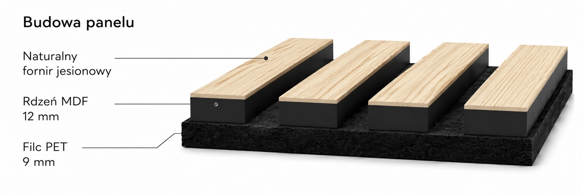 Lamele Fornirowane na filcu akustycznym - Jesion 60 x 280 cm